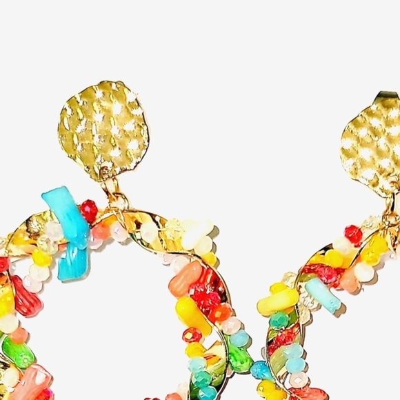 NEW! Multicolored Color Enhanced Coral & Glass Drop Hoop Earrings in Goldtone. - Picture 9 of 12